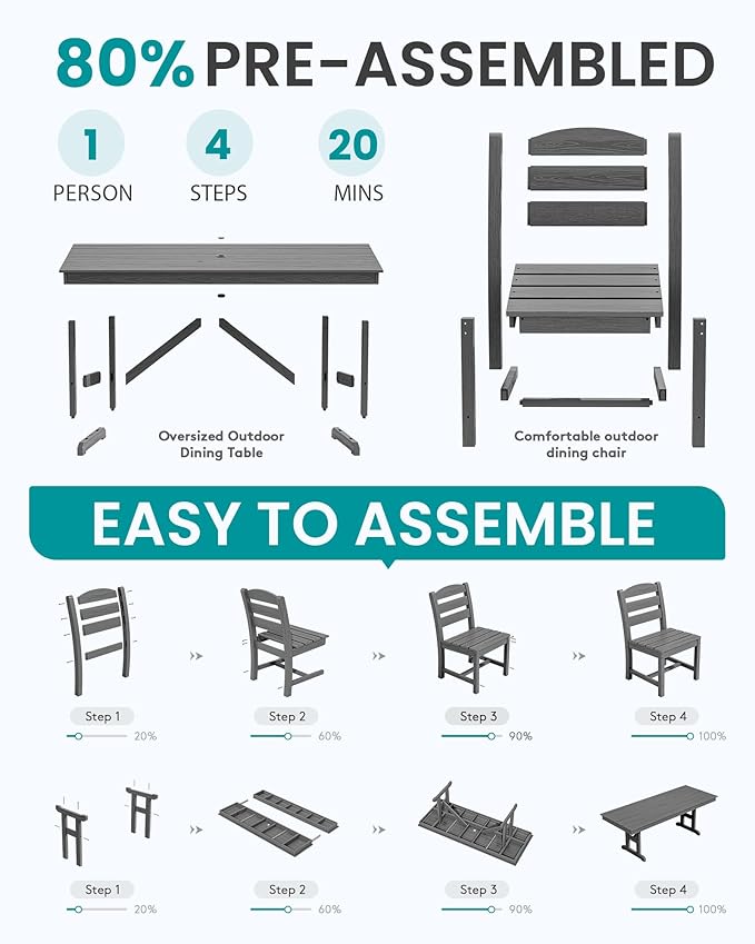 SERWALL Outdoor Armless Dining Chairs Set of 2, All-Weather HDPE Patio Chair with 19.7" Widened Seat, for Backyard, Garden, Gray