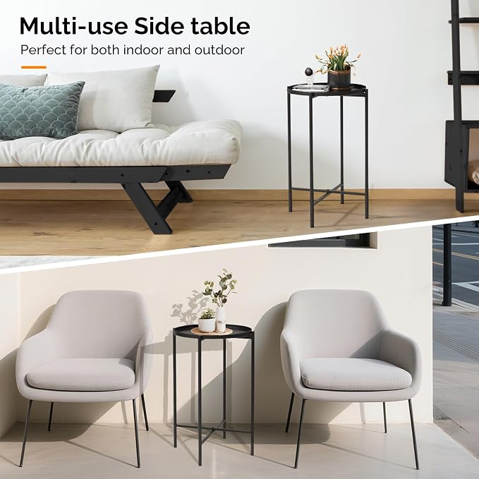 VINGLI Round Metal Side Table with Removable Tray, Outdoor Patio Coffee Table, Waterproof End Table for Small Spaces, Outdoor Patio, Living Room, Bedroom, Balcony (X-Brace & Non-Slip Pads) (2, Black)
