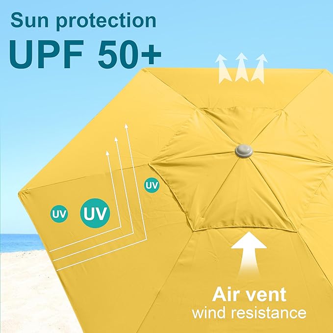 AMMSUN 8ft Heavy Duty High Wind Commercial Grade Patio Beach Umbrella with Separate Sand Anchor Air Vent Carry Bag Fiberglass Ribs without Tilt Outdoor umbrellas for sands Yellow