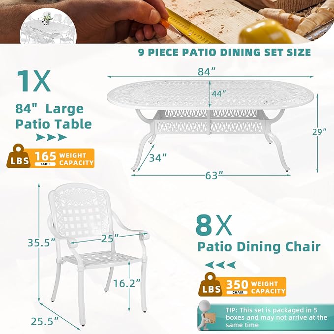 MEETWARM 9-Piece Outdoor Furniture Dining Set, All Weather Cast Aluminum Patio Garden Set with 8 Chairs,1 Oval Table, 2" Umbrella Hole, White