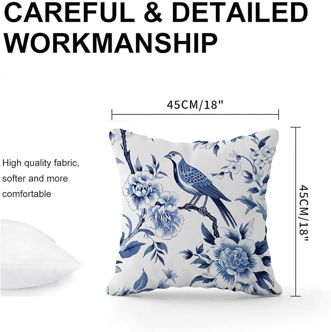 Blue Indigo Floral Chinoiserie Pillowcase Asian Navy Lotus Bird Pillowcase 18x18 INFarmhouse Accent Farmhouse Decor Pillow for Patio Furniture Garden