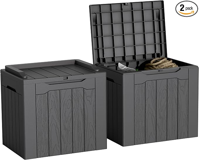 GUNJI 30 Gallon Small Deck Box Outdoor Waterproof Resin Storage Box Lockable Storage Container Outside Package Delivery Box 2 Packs (Gray, 2 Packs)