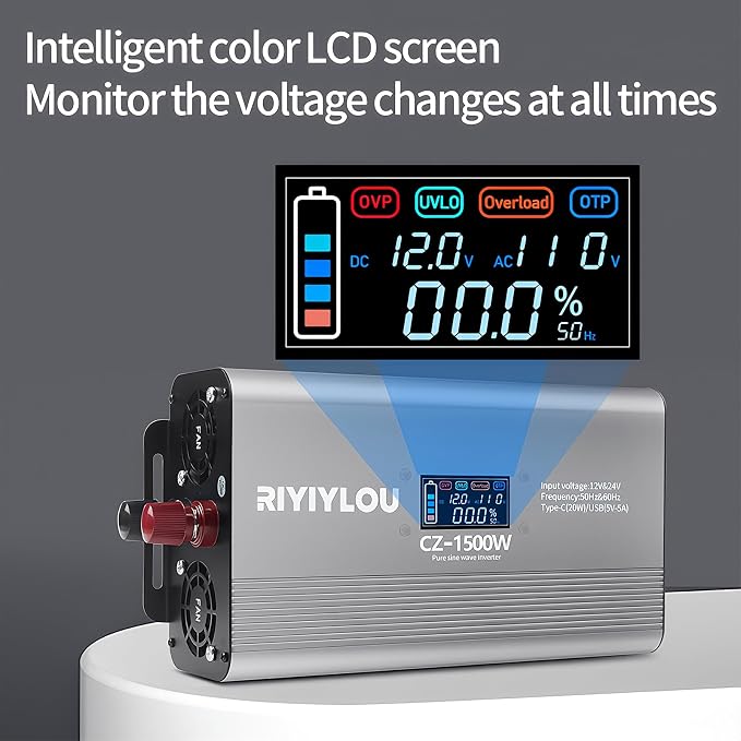 1500W Pure Sine Wave Inverter (3000W Peak), 12V/24V Auto-Detect, 50Hz/60Hz Switchable, LCD Display, Type-C Fast Charging, Silent Design, Overload & Overheat Protection for RV, Home