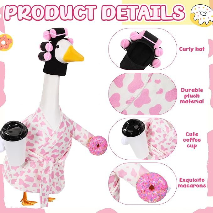 Shyyween Lady Porch Goose Outfit for 23'' Cement Plastic Lawn Goose Statue Clothes Cow Bathrobe Coffee Cup Curlers for Outdoor Garden Yard Patio Decoration