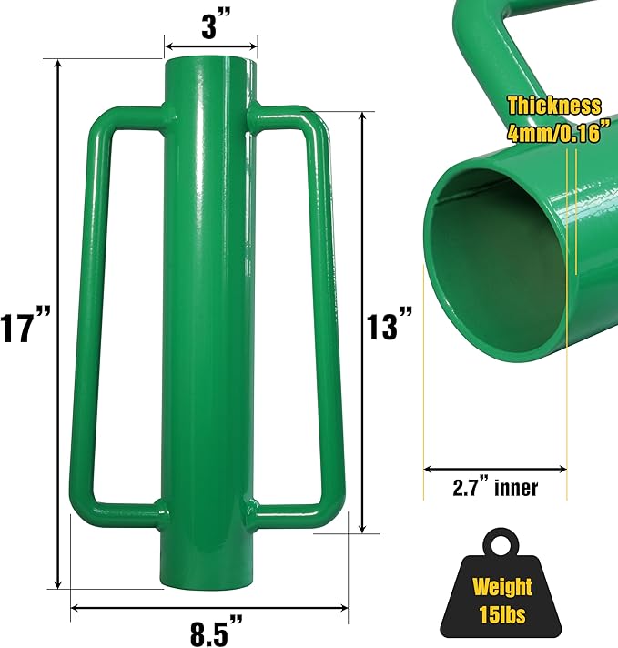 VASGOR Fence Post Driver, Heavy Duty Hand Post Pounder with Handle - Use for Metal U Posts, T Posts, Garden Fence (15 LBS)