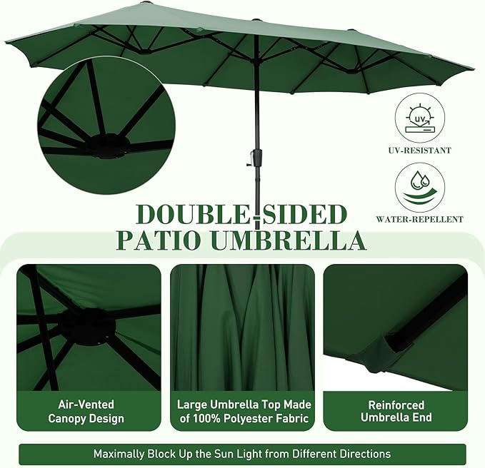 13 ft Patio Umbrella with Base, Large Rectangle Outdoor Umbrella with Matching Stand, Strap, Crank, Green