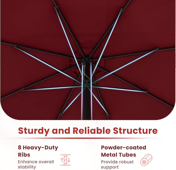 Tangkula 12 FT Patio Umbrella, Outdoor Market Umbrella with Crank Handle, 8 Sturdy Ribs, Double-Tiered Table Umbrella, Sun-Protective Waterproof Canopy Round Parasol for Garden Backyard Pool (Wine)