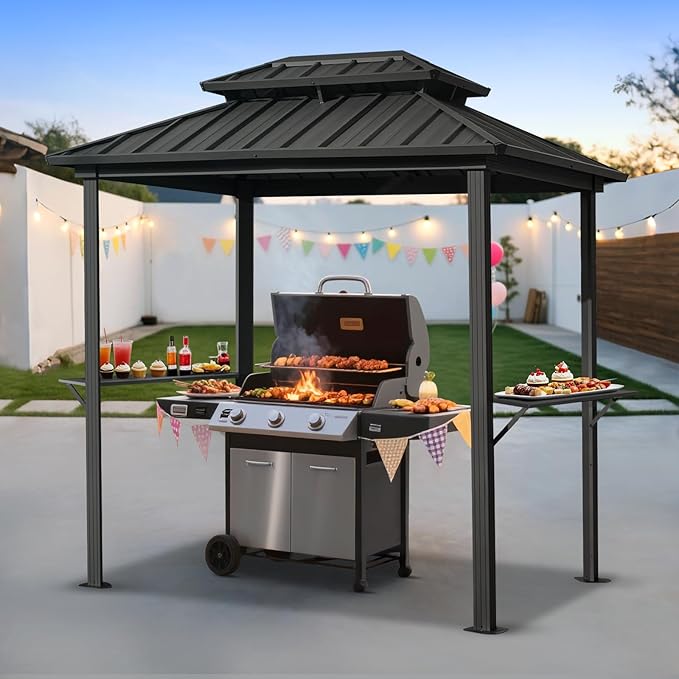 EROMMY 8' x 6' Hardtop Grill Gazebo with Galvanized Steel Double Roof, Outdoor Metal Patio BBQ Gazebo with 2 Side Shelves and Ceiling Hook for Deck Lawn Backyard Garden (Black)