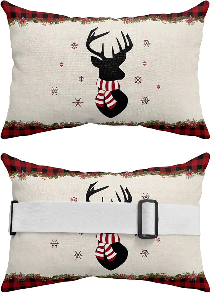 Outdoor Pillows Covers with Inserts Merry Christmas Elk and Snowflakes Waterproof Recliner Pillow with Adjustable Strap Throw Pillows for Patio Furniture Pool Lounge Chair, 12x20 inch, 2PCS