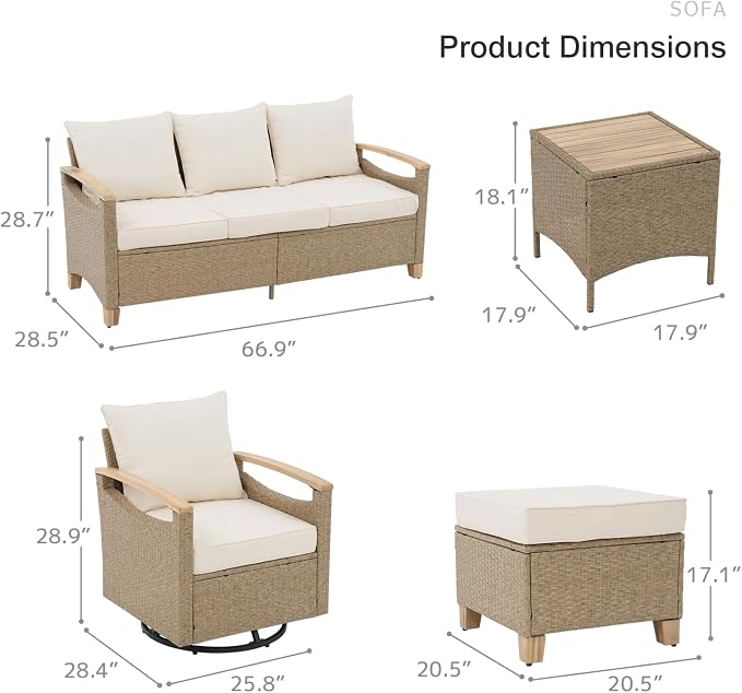 SUNSITT 6 Pieces Outdoor Furniture Set, Patio Wicker Conversation Sets with Swivel Chairs, Outdoor Sofa Set with 2 Ottomans, Beige Cushion