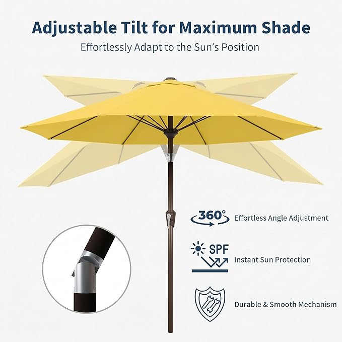 9FT Patio Umbrella Outdoor Table Umbrella w/Push Button Tilt and Crank, 8 Sturdy Ribs, UV Resistant Waterproof Market Umbrella for Pool, Deck, Backyard, Garden, Sunshine Yellow