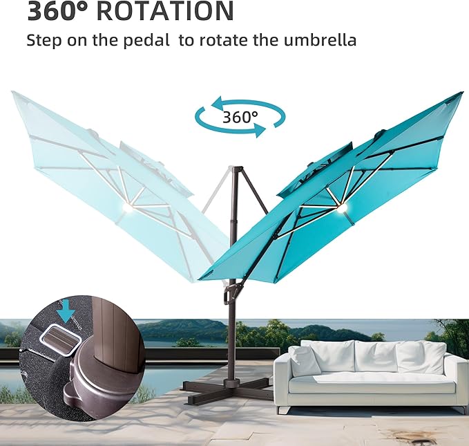 10 X 13 FT Cantilever Patio Umbrella with Led Lights Heavy Duty Windproof Double Top Large Rectangle Offset Umbrellas with 360-degree Rotation for Garden Pool Deck Backyard, Turquoise