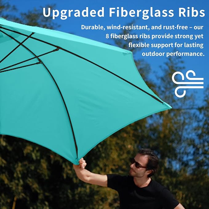 9FT Patio Umbrella with Fiberglass Ribs, Outdoor Market Table Umbrella with Crank and Tilt, UV Resistant Waterproof Canopy for Patio, Garden, Deck, Pool, Aqua Blue