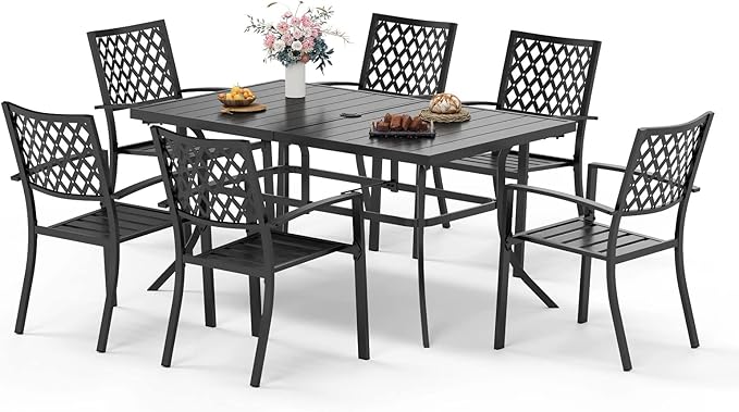Sophia & William Patio Table and Chairs Set, Outdoor Dining Set for 6, 7 Piece Metal Patio Furniture, 60" Black Rectangular Table(Diamond)