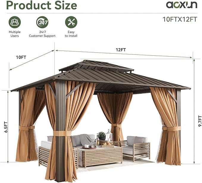 Aoxun 10x12 Gazebo Outdoor Hardtop Gazebo with Double Galvanized Steel Roof Metal Frame Pavilion with Breathable Netting and Privacy Curtain for Backyard (Brown)