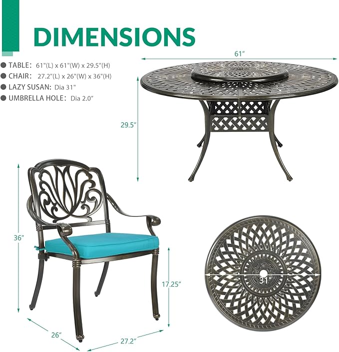 VIVIJASON 9-Piece Patio Furniture Dining Set, Rust-Free Cast Aluminum Outdoor Conversation Set, Include 8 Cushioned Chairs & 61" Round Dining Table with 31" Lazy Susan, Umbrella Hole, Ocean Blue
