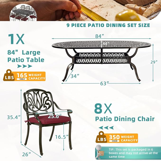 MEETWARM 9-Piece Outdoor Patio Dining Set, 8 Outdoor Dining Cushioned Chairs and 1 Oval Table with 2" Umbrella Hole, All Weather Cast Aluminum Patio Funiture Set for Backyard, Patio, Garden, Chili Red