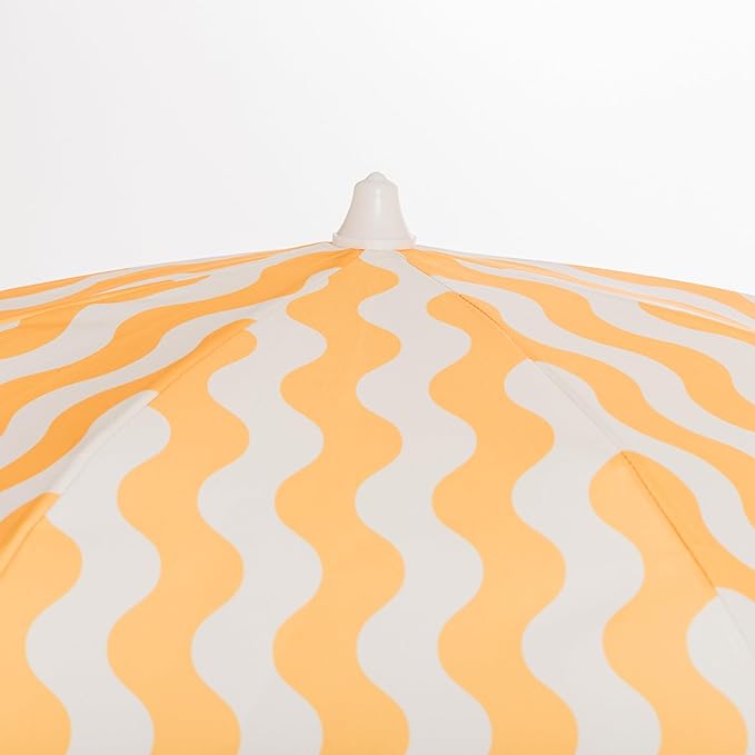 Business & Pleasure Co. Holiday Umbrella - Boho Beach Umbrella with White Fringe, UPF 50+, 1" Tilting Wood Pole, 5’ x 6.5’, Ocean Mimosa Stripe