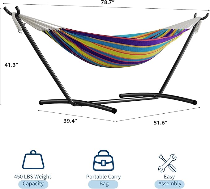 Hammock with Stand for Outside，450 lb Weight Capacity Double Hammock，Heavy Duty Steel Frame，Premium Carry Bag, Portable Hammock for Indoor, Patio, Beach - Tropical