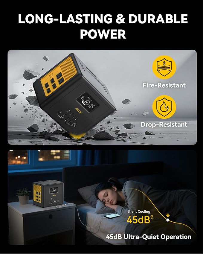 BALDR Portable Power Station 1042Wh Camping Lithium Battery Generator Fast Charging with AC Outlet 1200W Peak Power Bank for Home Backup Outdoor Emergency
