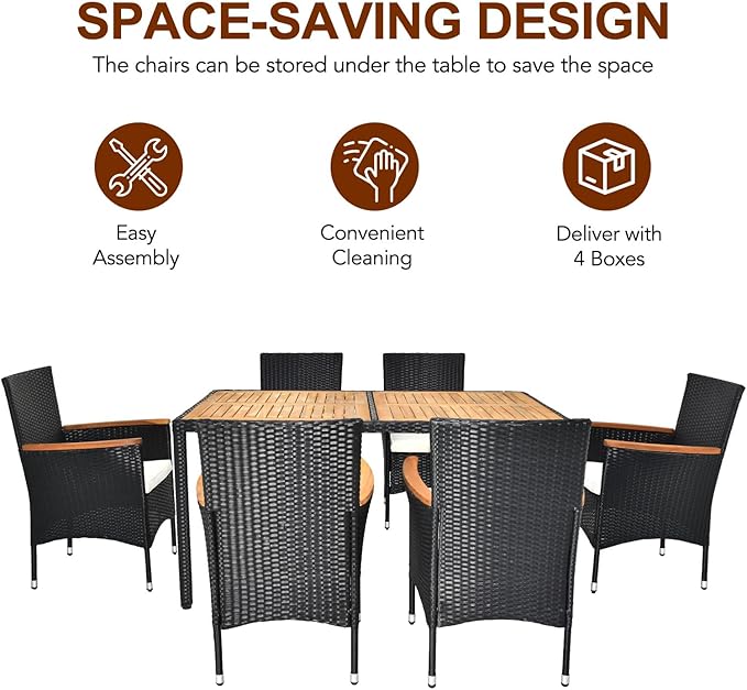 VINGLI 7 Pieces Patio Dining Set, Wicker Outdoor Dining Set for 6 Patio Furniture Set with Acacia Wood Table Outdoor Table and Chairs for Garden and Yard