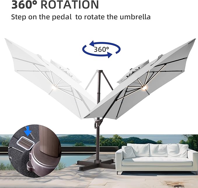 10 X 13 FT Cantilever Patio Umbrella with Led Lights Heavy Duty Windproof Double Top Large Rectangle Offset Umbrellas with 360-degree Rotation for Garden Pool Deck Backyard, Foggy Grey
