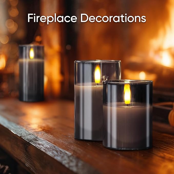 5plots Flameless Battery Operated Candles Set of 3, Gray LED Candles with Remote Timer, Real Wax Glass Pillar Candles Warm Flickering Light for Indoor Home, Halloween, Christmas Decor D3 x H4 5" 6"