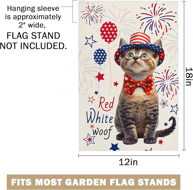 4th of July Garden Flags 12X18 IN Double Sided Red White Wroof Cat Garden Flag for Memorial Independence Farmhouse Yard Outside Decoration
