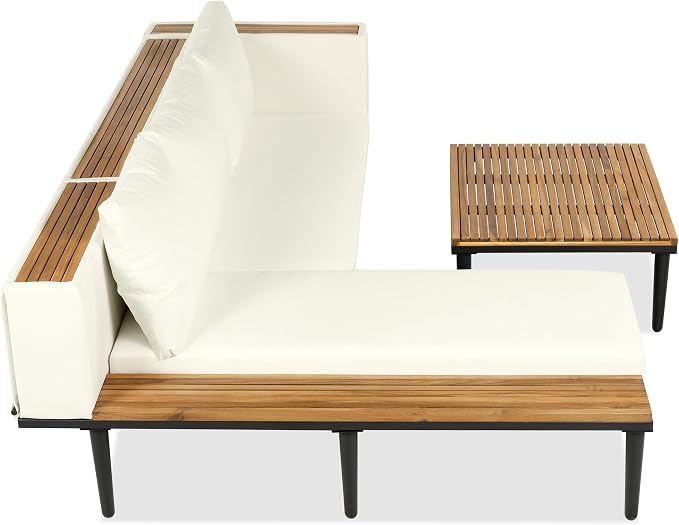 L-Shaped Outdoor Sofa Set with Removable Cushions, Acacia Wood Sectional Sofa Set with Coffee Table & Side Table, Conversation Furniture Set for Porch Backyard Balcony Deck Poolside, Beige