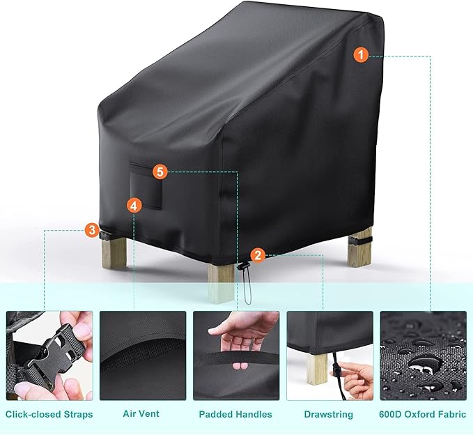 Patio Chair Covers for Outdoor Furniture Waterproof 2 Pack, Lawn Chair Covers 600D Heavy Duty Oxford Cloth, Large Covers for Lounge Lawn Deep Seat Black 30" W×27" D×36" H