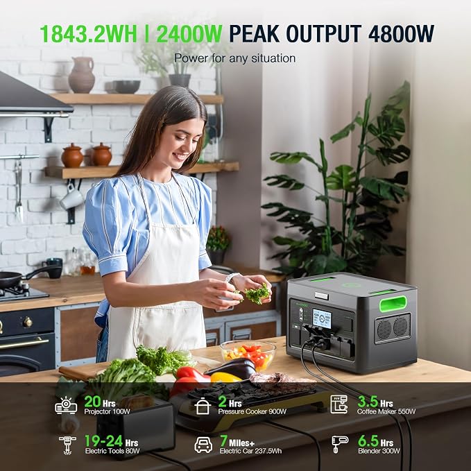 Portable Power Station 2400W Solar Generator, 1843.2Wh UPS Home Battery Backup, LiFePO4 Battery Supply with 12 Outlets(2400W AC Outlets), USB-C PD100W, 2Hrs Quick Charge, RV Camping
