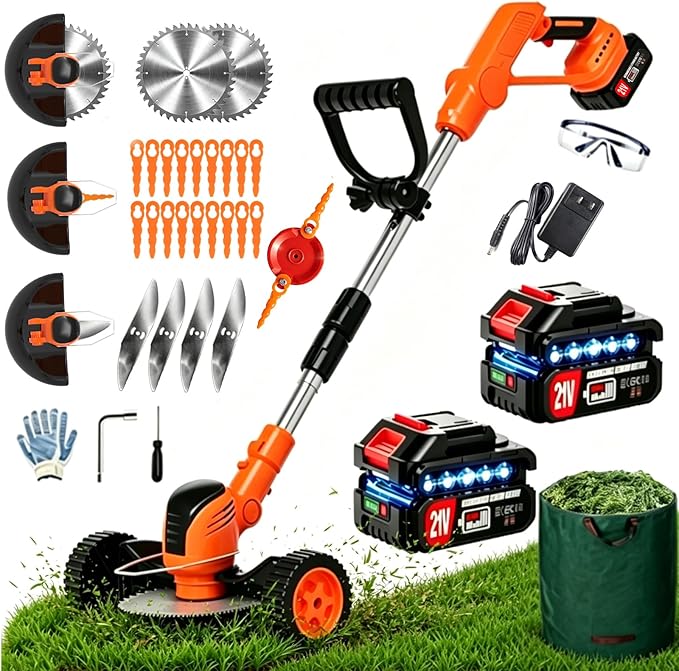 Cordles Weed Wacker, 21V Electric Weed Eater Battery Powered, No String Trimmer with Wheels & Metal Blades, Lightweight Grass Trimmer/Lawn Edger/Brush Cutter, Stringless Weed Trimmer for Yard Garden