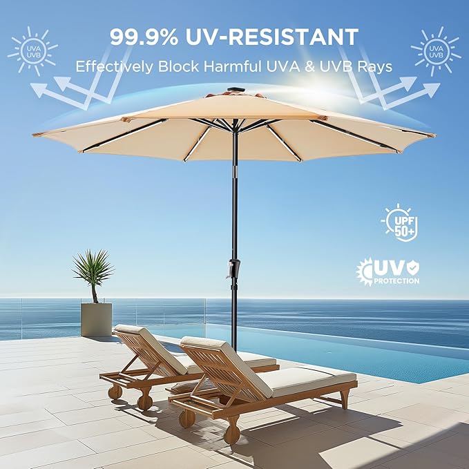 HOMSHADE 9ft Solar Patio Umbrella - Solar Lights LED Lighted UPF50+ UV Protection Umbrella, Outdoor Market Table Umbrella with Push Button Tilt, Crank for Pool Deck and Garden (Beige)
