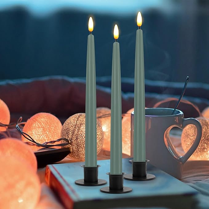 CVHOMEDECO. Flameless Taper Candles with 10-Key Remote, Battery Operated Led Flickering 3D Wick Window Candles Real Wax Finished Home Christmas Party Decor 0.78 x 11 Inch, Pack of 3, Grey Green