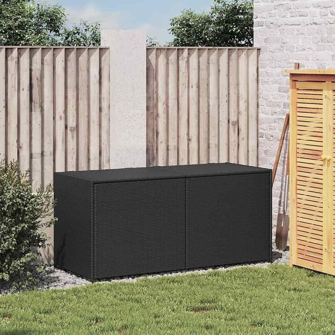 Black PE Rattan Garden Storage Box 283L, Powder-Coated Steel Frame, Water-Resistant Outdoor Patio Deck Organizer for Cushions Tools