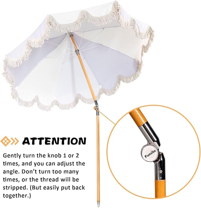 6.5ft Pagoda Beach Umbrella with Fringe, UPF 50+ Boho Umbrellas with Carry Bag, Premium Wood Pole Foldable Tassel Umbrella for Outdoor Garden Lawn Pool Yard Table