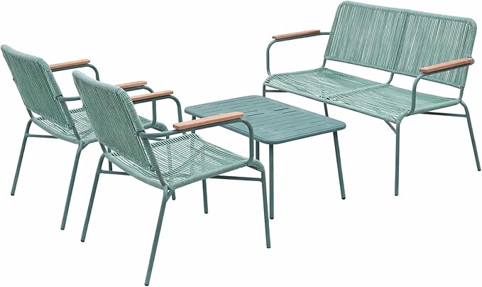 Alpine Corporation VTFAM170A 4-Piece Outdoor Rope Woven Patio Conversation Set – Sofa Bench, 2 Armchairs & Coffee Table – Modern Metal Frame with Wood Armrests – Indoor/Outdoor Seating Set