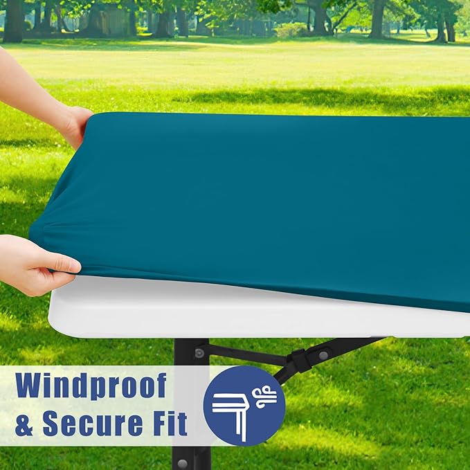 Moosfor Spandex 4 Foot Rectangle Table Cloth 2 Pack, Elastic Fitted Tablecloths for Picnic, Stretch Washable Patio Table Cover for Outdoor, Camping, Banquet and Parties (Peacock Blue, 30"x48")