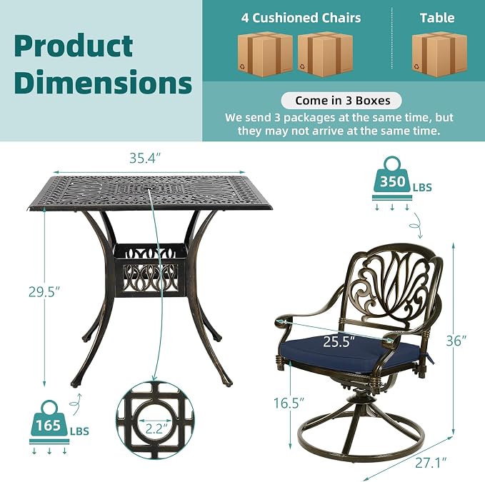 MEETWARM 5-Piece Outdoor Patio Dining Set, All-Weather Cast Aluminum Patio Conversation Set for Backyard Garden Deck with 4 Cushions Swivel Rocker Chairs and 35.4" Square Table, Navy Blue