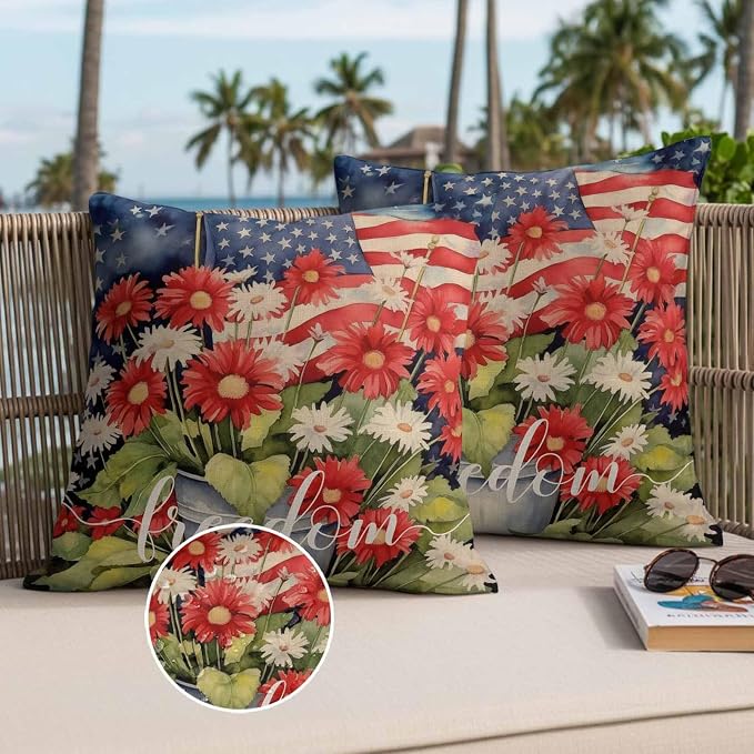 Independence Day Patriotic Flag Outdoor Pillow Covers 16x16in Pack of 2 Waterproof Pillowcase Blossom Flower Green Leaves Decorative Throw Cushion Case for Patio Couch Sofa