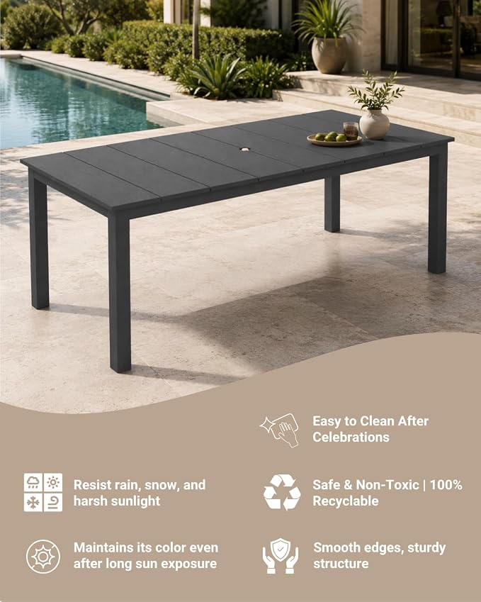 75.2" Outdoor Dining Table for 4-6 People, Patio Dining Outdoor Table with Umbrella Hole, All Weather Patio Table for Backyard, Deck and Garden, Gray