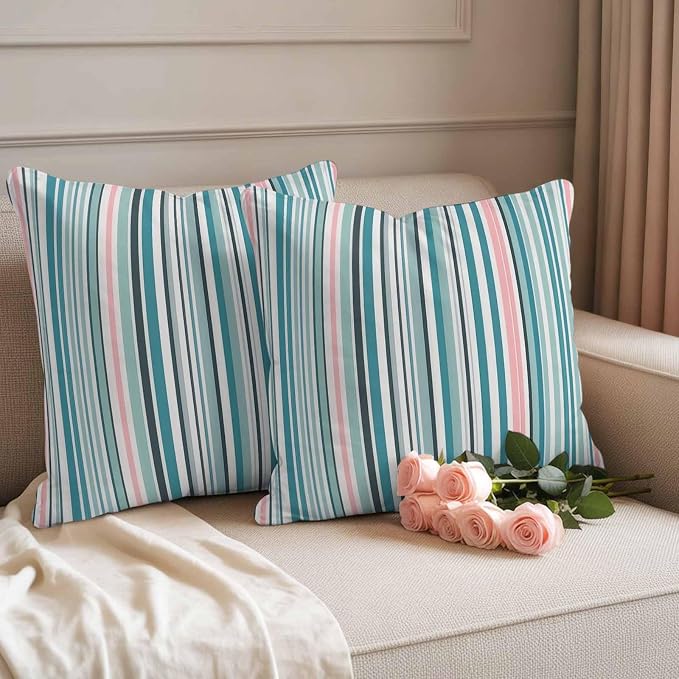 Outdoor Waterproof Throw Pillow Covers Set of 2 Turquoise Blue Striped Pillowcases 16x16 Inches Geometric Pink Stripes Decorative Pillows Cushion Case Patio Pillows for Couch Bed Chair Garden