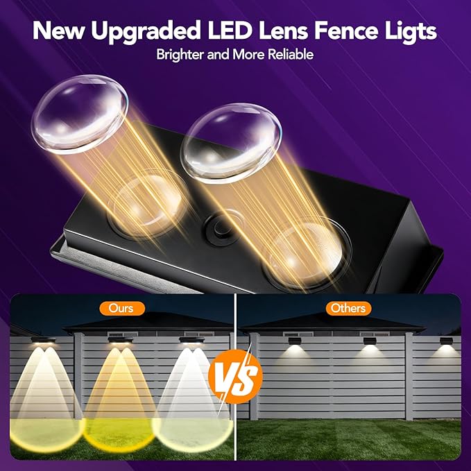 Solar Fence Lights Outdoor,2 Pack Waterproof LED Solar Powered Decj Light with Ultra Bright LED Lens,3000K/4000K/6000K Selectable,12+ Hours Steady Glow for Railing,Backyard,Wall