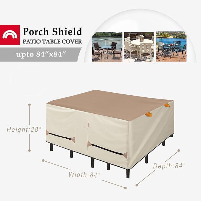 Porch Shield Patio Table Cover - Waterproof Outdoor Dining Table and Chairs Furniture Set Cover Square - 84 x 84 inch, Light Tan & Khaki