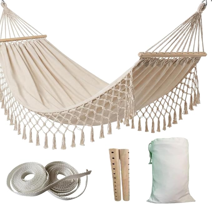 Bohemian Canvas Hammock with Tassels, Brown, 79"x59" | Soft Breathable Cotton Canvas Hammock,79x59in,2 Hanging Straps Wooden Bar;3 colors,compact for students renters dorm balcony