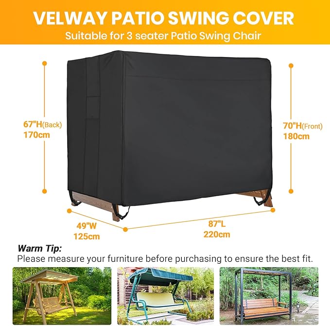 Velway Outdoor Swing Cover - Triple Seater Waterproof Patio Hammock 87x49x70 - All Weather Windproof Glider Chair for Garden Furniture, Black