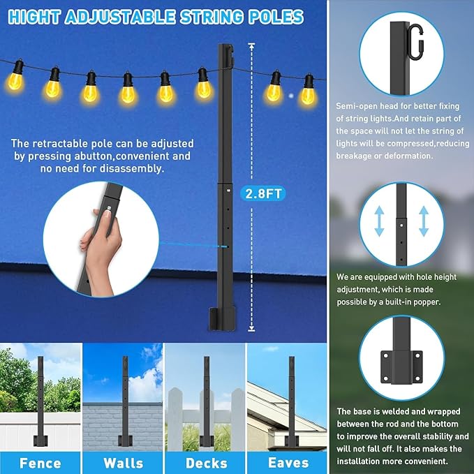 NUERPO 10 Pack String Light Poles,2.8Ft Metal Poles for Outdoor String Lights,Outdoor Light Poles with Post,Poles/Stand for Outside,Patio,Deck,Backyard,Garden Wedding,Party