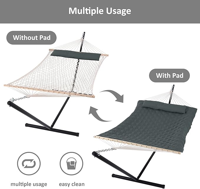 SUNCREAT Large Rope Hammock with Polyester Pad and Pillow, 12 FT Stand, Heavy Duty Carrying Bag Hammock Bag with Zipper