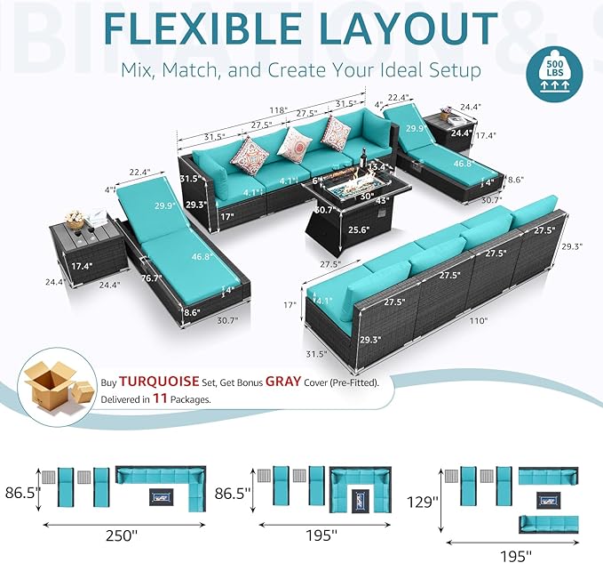 NICESOUL 13-Pieces Outdoor Patio Furniture Firepit Set, High-End Big Group Full Patio Set with Lounge Chairs, Weather-Resistant Wicker Backyard Pool Sofa and Chaise Comfy Deep Sitting, Grey&Turquoise