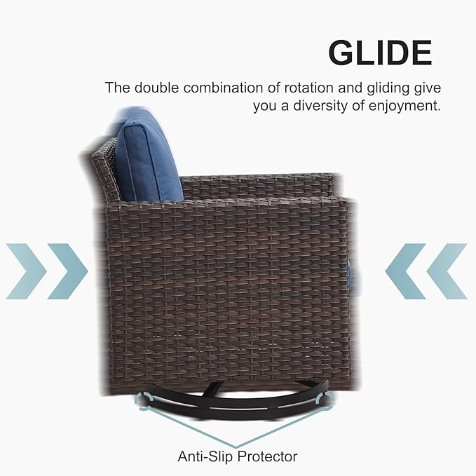 Belord Patio Conversation Set with Swivel Glider Chairs - 9 Piece Outdoor Sectional Furniture Set with Storage Box and Metal Top Table Brown Wicker/Blue Cushions